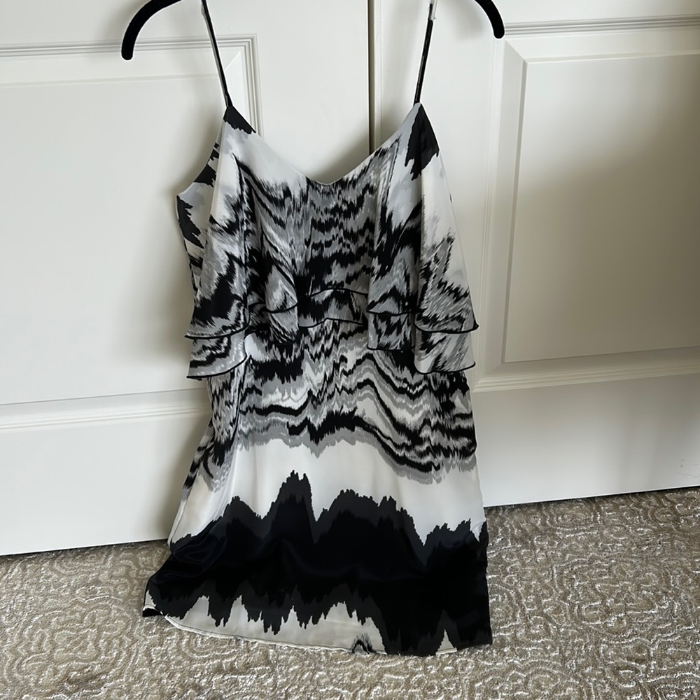 Party dress with straps & double ruffled top, black & white with gray pattern